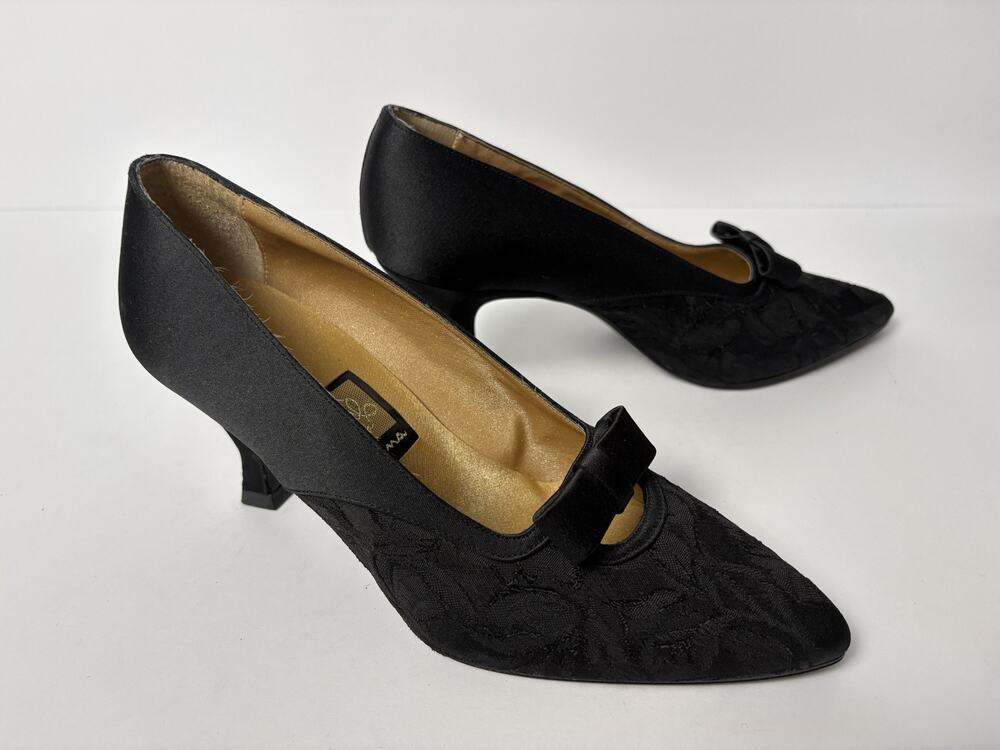 VINTAGE Nina Spain Heels Shoes Black Elegant Silk Jacquard Size 6M
